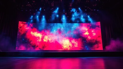 A concert stage with a large video wall displaying 