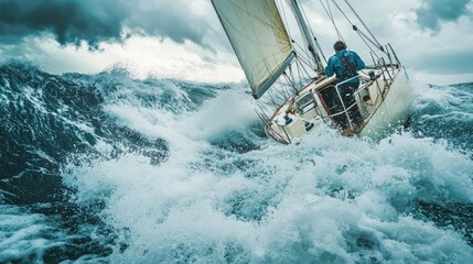 A man bravely navigates a sailboat through a violent storm, steering amid crashing waves and splashing water.