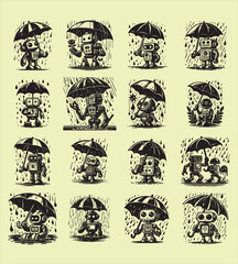 Obraz premium Robot holding umbrella in rain silhouette vector