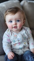 Fototapeta premium Sweet baby with big blue eyes smiles while sitting comfortably on a cozy couch at home