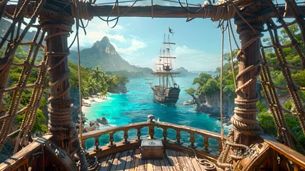 Wandcirkels Kinderkamer A background view from a pirate ship's deck looking towards a tropical island with a hidden Corsair treasure chest, featuring a battleship with a skull and crossbones flag  © Akash Tholiya