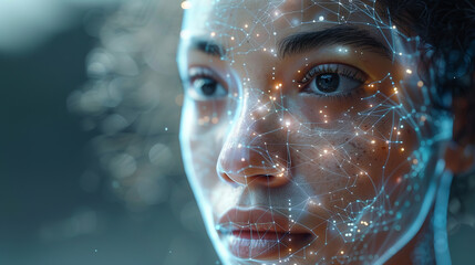 Woman face with digital graphic network mesh, representing facial recognition, deep learning and artificial intelligence concept
