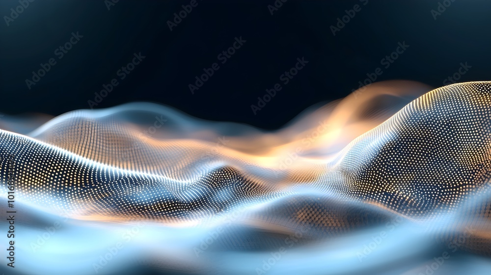 Poster dreamy luminous particles in soft flickering waves - ethereal atmosphere with glowing light flow and