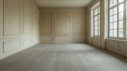 Fototapeta premium Empty room with large windows and white wainscoting. Interior design and home decor concept.