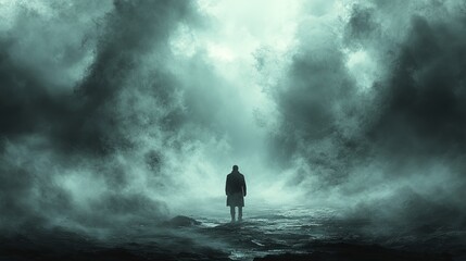 Obraz premium A man is walking through a foggy forest