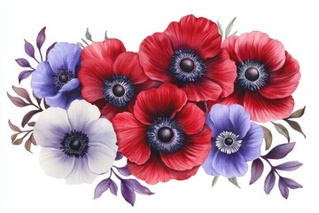 Fototapeta premium Vibrant flowers in red, purple, and white, beautifully arranged, perfect for decorative use or floral design inspiration.