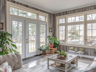Wooden walls in sunroom, white French doors, grey wood paneling, cream window frames, plants, coffee table near entrance, front door view.