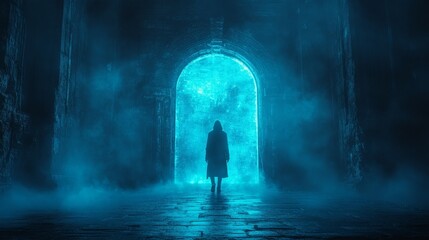 A person stands in front of a blue archway with a foggy mist surrounding them