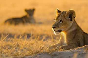 Fototapeta premium A baby lion is laying in the grass, looking at the camera