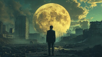 Fototapeta premium A man stands in front of a large yellow moon in a desolate city