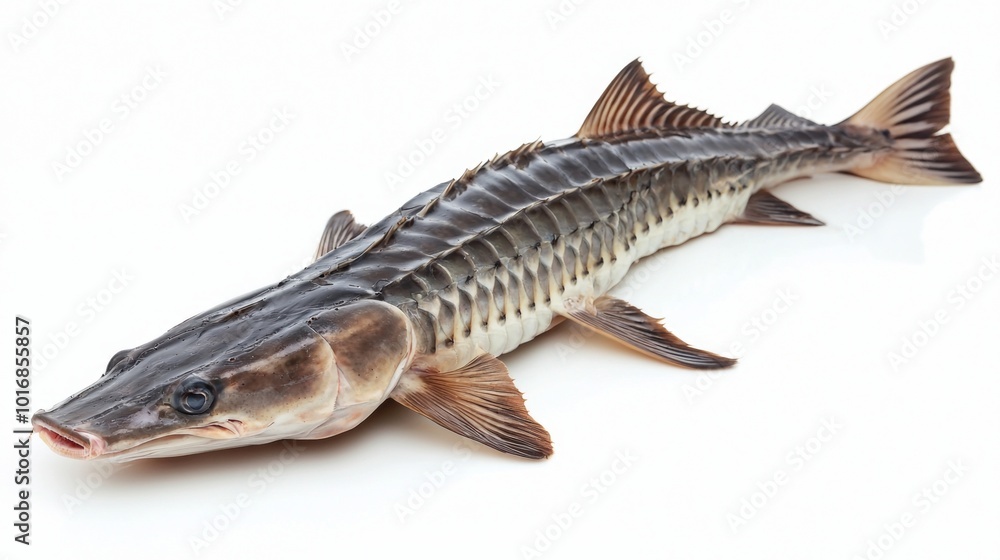 Poster sturgeon known for its elongated body and unique scale patterns is captured isolated on a white back