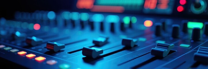 Close-up of a sound mixing console illuminated in blue hues, perfect for music production, audio engineering, or broadcasting themes in digital and print media.