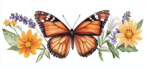 A vibrant butterfly surrounded by colorful flowers, showcasing the beauty of nature's harmony.