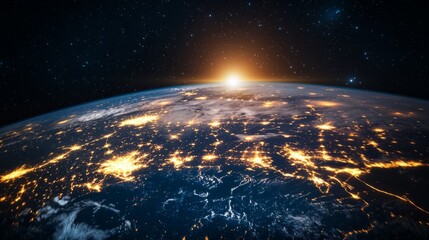 Obraz premium Earth at night with global connections lighting up the continents, symbolizing international communications generative ai