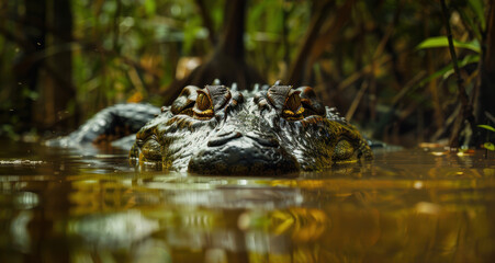 Naklejka premium Stealthy Crocodile Emerging from Swamp Waters with Intense Gaze Among Dense Vegetation