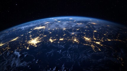 Fototapeta premium Earth at night with global connections lighting up the continents, symbolizing international communications generative ai