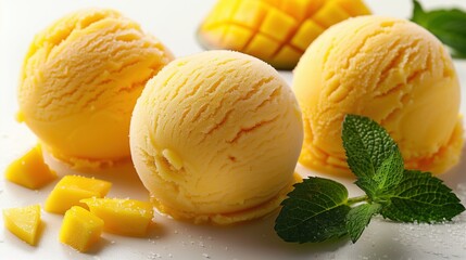 Enjoy Delicious Mango Ice Cream Scoops Garnished with Fresh, Colorful Fruit Delights