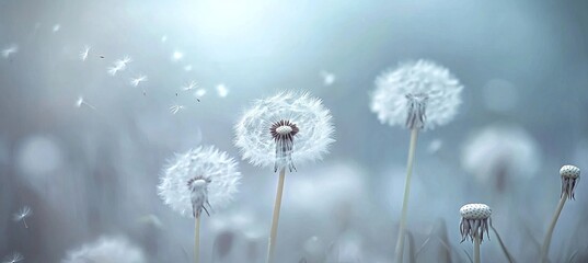 Obraz premium Delicate Dandelion Flowers with Floating Seeds in Soft Spring Colors. AI generated illustration