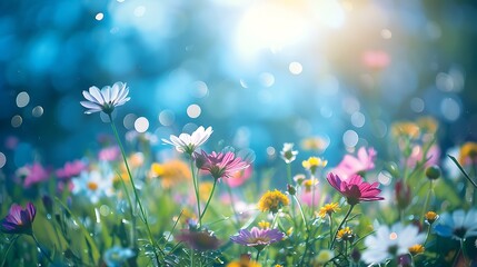 Colorful daisy flowers in the meadow with bokeh