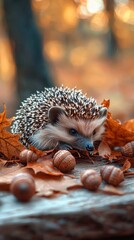 Obraz premium Adorable Baby Hedgehog Curled Up in Cozy Rustic Setting with Soft Morning Light on Wooden Table - Autumnal Themes, Acorns, Fallen Leaves, Copy Space