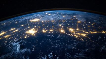 Obraz premium The Earth at night with interconnected lines of light across continents, representing global communication generative ai