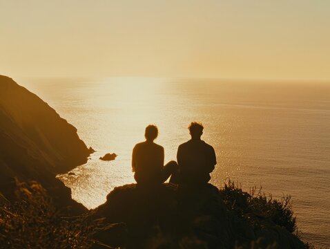 Two friends enjoy the sunset view.