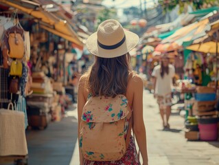 Naklejka premium Young woman exploring a bustling market