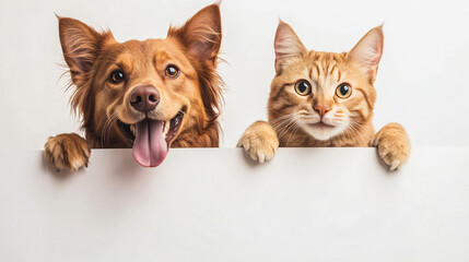Smiling Dog and cat peeking over a blank white board on white background