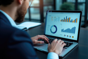 A focused businessman utilizing a laptop for data analysis, optimizing sales efficiency, and enhancing productivity. Business, technology, analysis, sales, efficiency