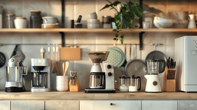 Cyber Monday Kitchen Appliance Sale Banner with Modern Blenders, Coffee Makers, and Cookware