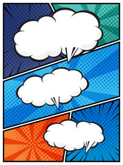 comic speech bubbles in white clouds on a vibrant pop art background flat design