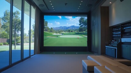 Modern indoor golf simulator room with a large screen displaying a golf course. Includes padded seating, golf equipment display, ambient lighting, and glass doors leading outside