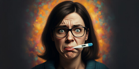 Obraz premium Sick Woman with Fever Taking Their Temperature with Thermometer, illness, wellness, medical health image