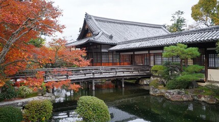 A serene autumn day at a traditional Japanese garden with a tranquil pond and wooden bridge