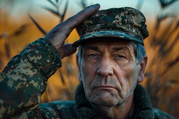 Fototapeta premium Close-up shot of a middle-aged Caucasian soldier giving a salute in the battlefield