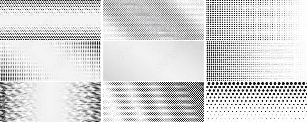 Aufkleber Gradient halftone dotted patterns. Dotted gradient, smooth dots spraying and halftones dot background seamless horizontal geometric pattern vector template set.