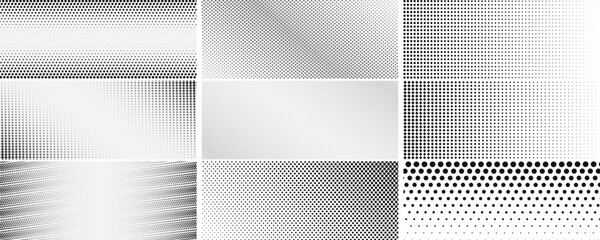 Gradient halftone dotted patterns. Dotted gradient, smooth dots spraying and halftones dot background seamless horizontal geometric pattern vector template set.