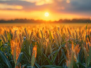 The sun sets behind the cornfield, with green leaves and golden yellow kernels on tall stalks of corn in the farmland, real photo. 
