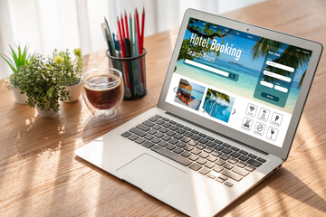 Online hotel accommodation booking website provide modish reservation system . Travel technology concept .