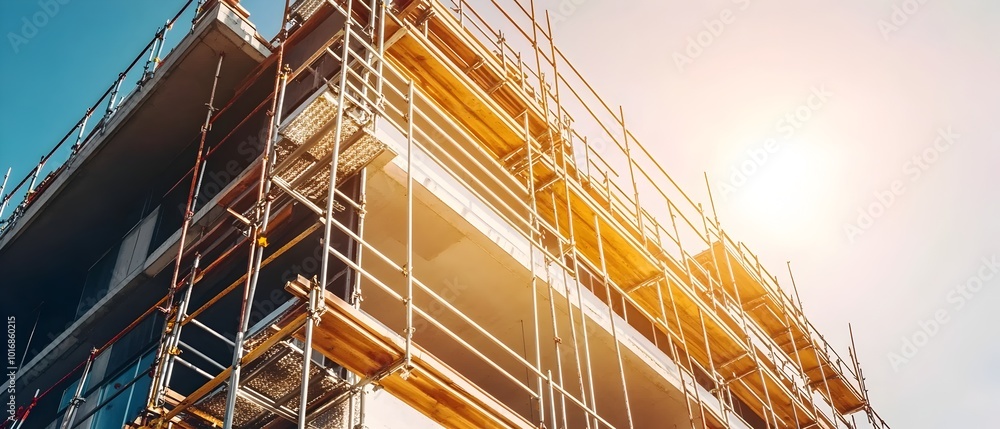 Poster modern high rise building under construction surrounded by scaffolding illustrating the intricate pr