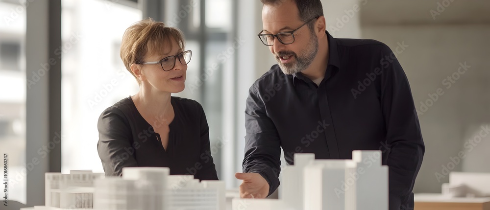 Poster architect and client reviewing and discussing a detailed building model on a desk in a professional 