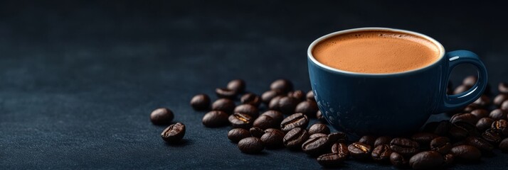 An aromatic espresso rests on fresh coffee beans, highlighting its complex flavors. Its an ideal choice for coffee lovers wanting a refreshing break to unwind and savor the moment