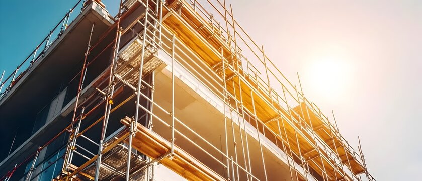 Modern high rise building under construction surrounded by scaffolding illustrating the intricate process and progress of professional construction and engineering work