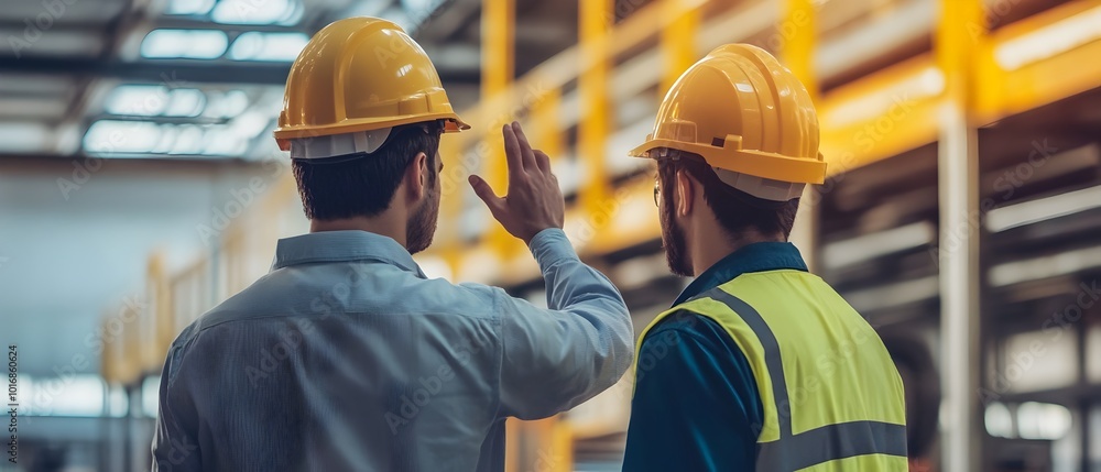 Poster two construction engineers wearing safety helmets carefully inspecting the structural integrity and 