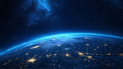 Obraz premium Earth seen from space at night, with glowing communication lines connecting major cities. generative ai