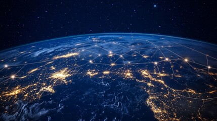 Earth seen from space at night, with glowing communication lines connecting major cities. generative ai