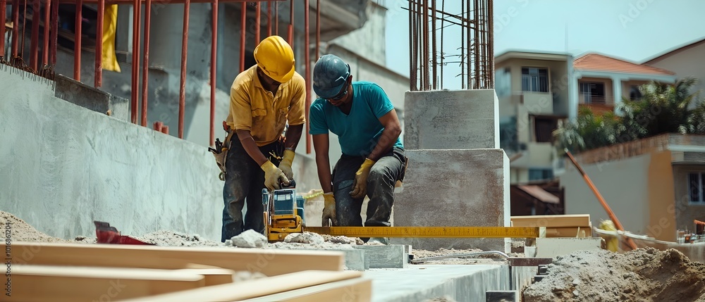 Poster construction workers using laser level for accurate building project