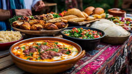 Fototapeta premium A traditional Bulgarian family dinner with hearty soups, roasted meats, and fresh bread served on an outdoor table