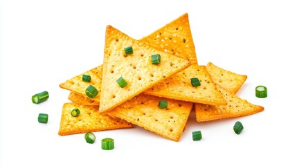 Crispy triangle crackers topped with fresh green onion bits, isolated on a white background. Perfect snack for any occasion.