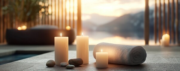 A soothing spa room with natural healing props and glowing candles, capturing the essence of...